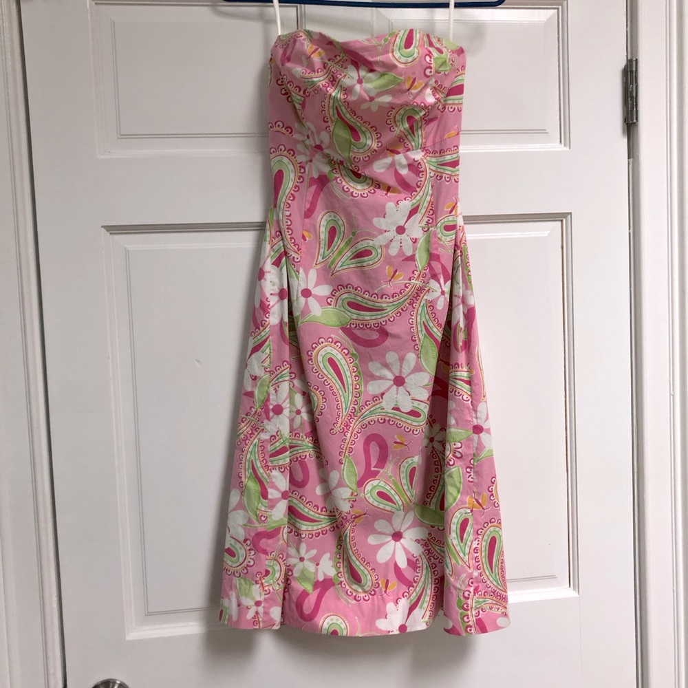 Vintage Lilly Pulitzer green and pink paisley strapless back tie dress